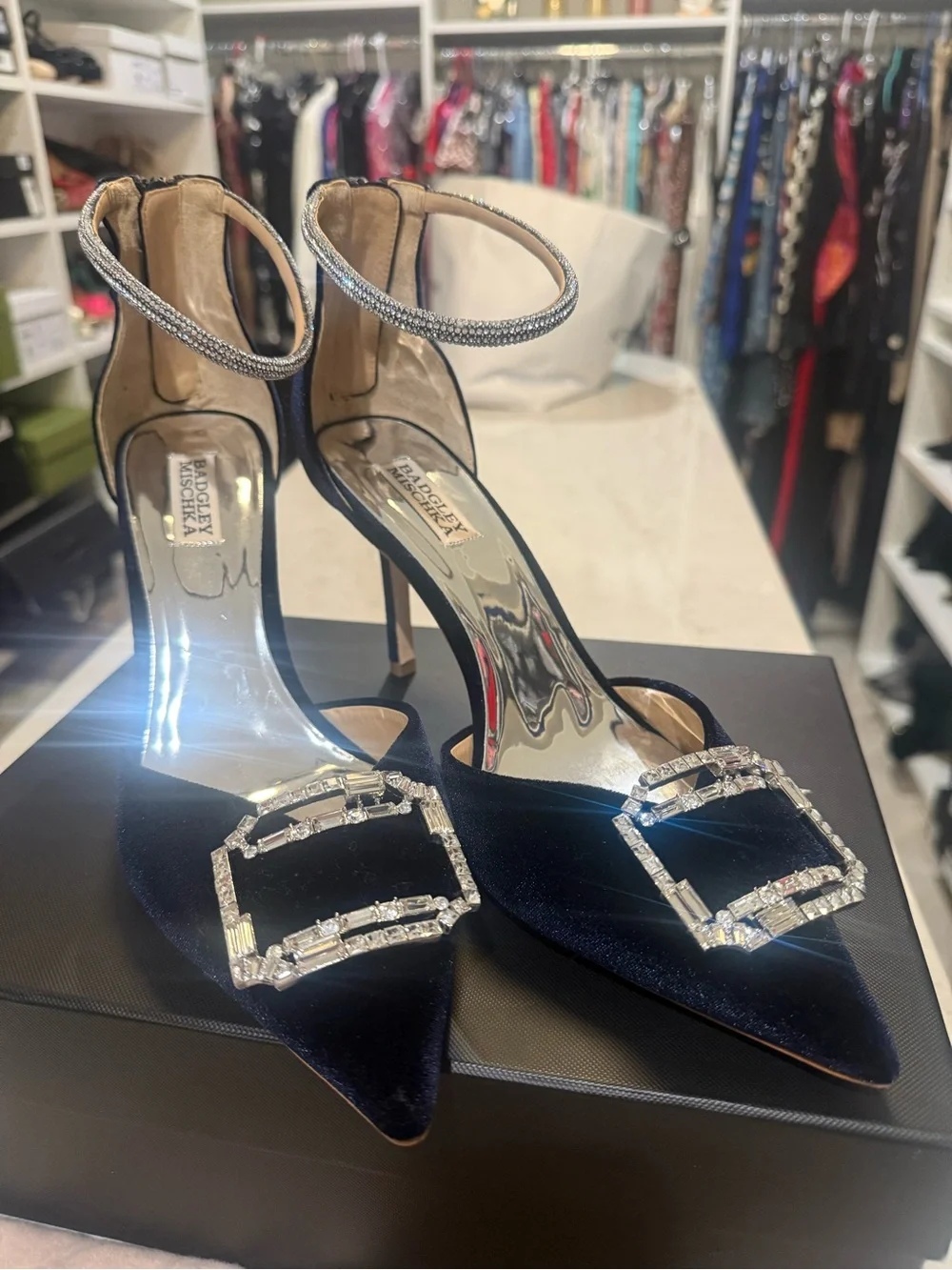 BADGLEY MISCHKA ankle Strap Embellished Marlow navy Stiletto with crystal New 11